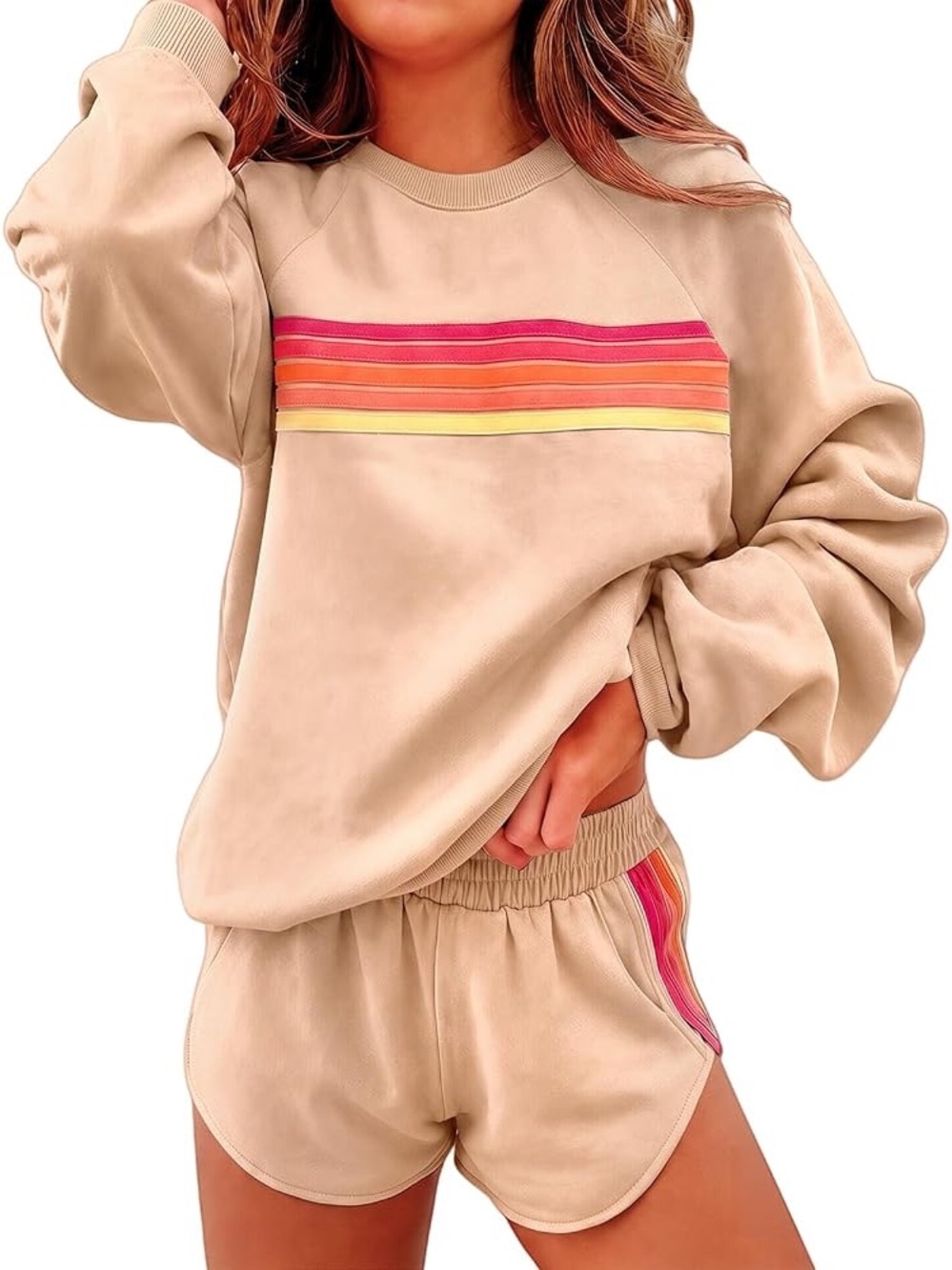 Beige Two-Piece Sweatshirt & Shorts Set with Rainbow Stripe